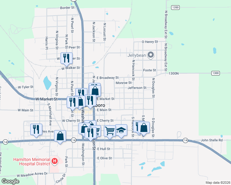 map of restaurants, bars, coffee shops, grocery stores, and more near 108 North Walnut Street in McLeansboro