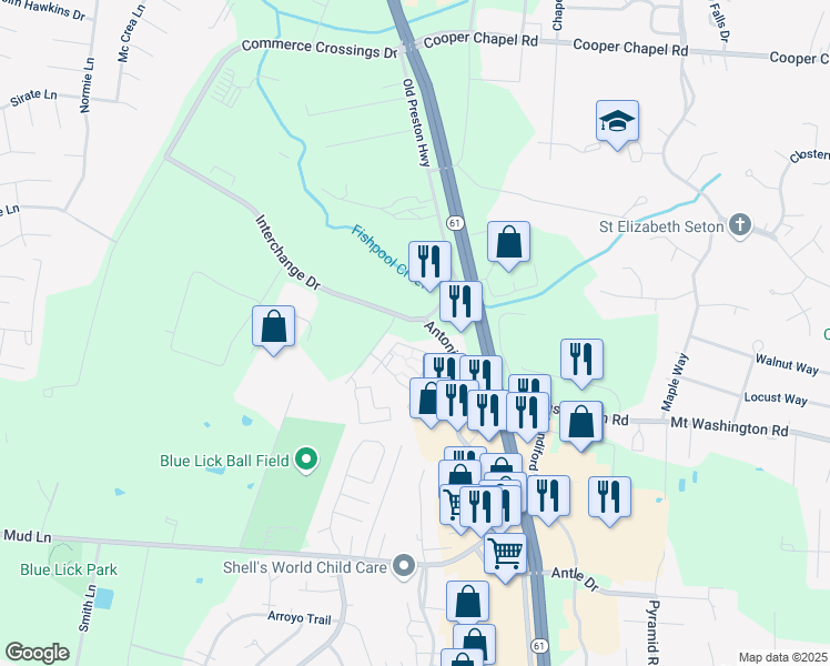 map of restaurants, bars, coffee shops, grocery stores, and more near 11751 Interchange Dr in Louisville