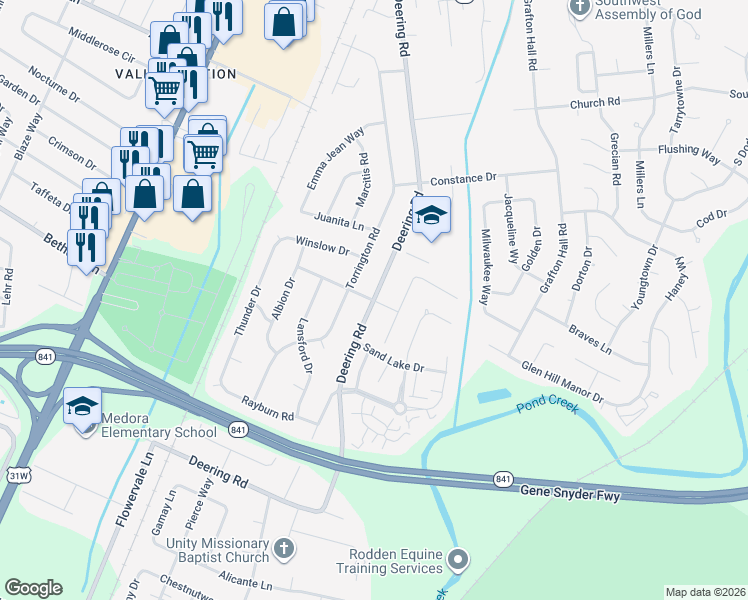 map of restaurants, bars, coffee shops, grocery stores, and more near Deering Road in Louisville