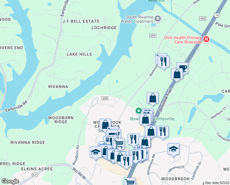 map of restaurants, bars, coffee shops, grocery stores, and more near Woodburn Road in Albemarle County