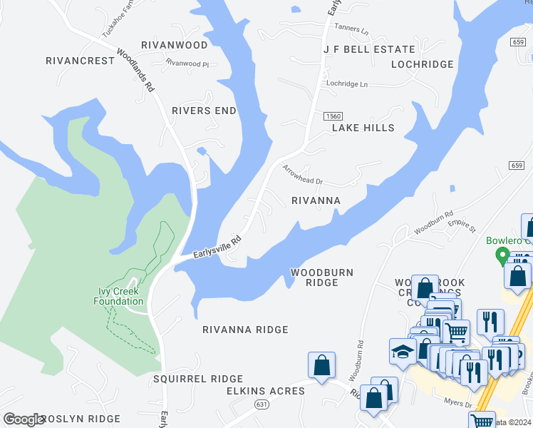 map of restaurants, bars, coffee shops, grocery stores, and more near 2067 Earlysville Road in Earlysville
