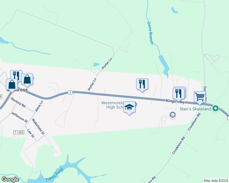 map of restaurants, bars, coffee shops, grocery stores, and more near 16607 Kings Highway in Montross