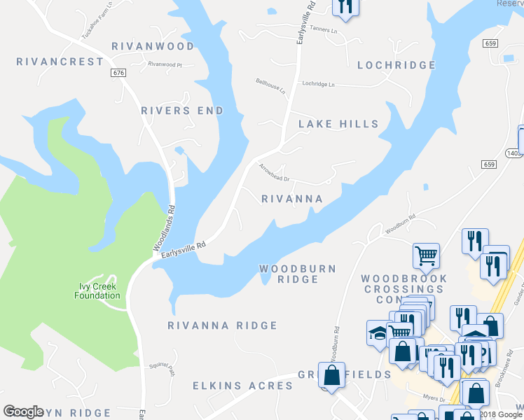 map of restaurants, bars, coffee shops, grocery stores, and more near 2077 Earlysville Road in Earlysville