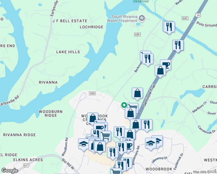 map of restaurants, bars, coffee shops, grocery stores, and more near 2221 Woodburn Road in Charlottesville