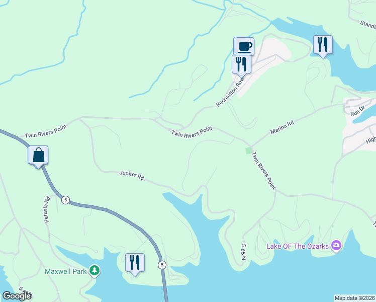 map of restaurants, bars, coffee shops, grocery stores, and more near Twin Rivers Point in Camdenton