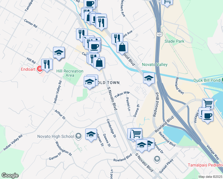 map of restaurants, bars, coffee shops, grocery stores, and more near 1500 South Novato Boulevard in Novato