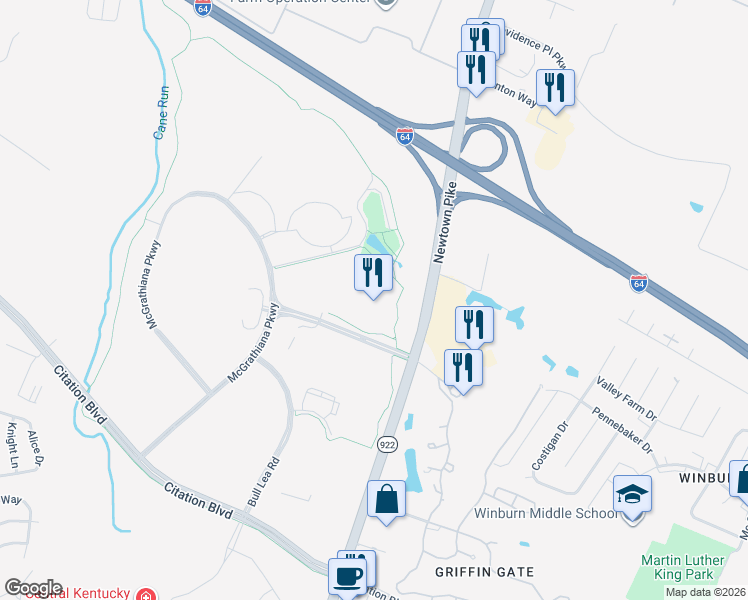 map of restaurants, bars, coffee shops, grocery stores, and more near 1801 Newtown Pike in Lexington