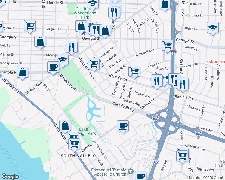 map of restaurants, bars, coffee shops, grocery stores, and more near 237 Evans Avenue in Vallejo
