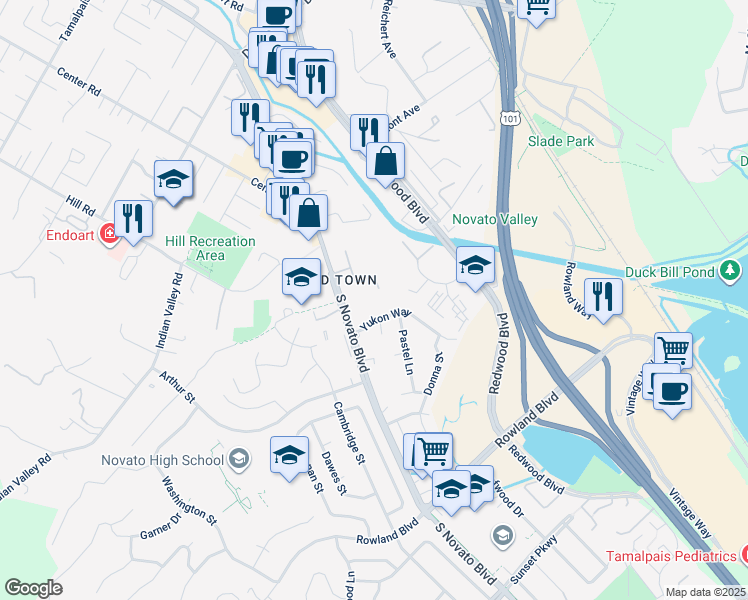 map of restaurants, bars, coffee shops, grocery stores, and more near 1500 South Novato Boulevard in Novato