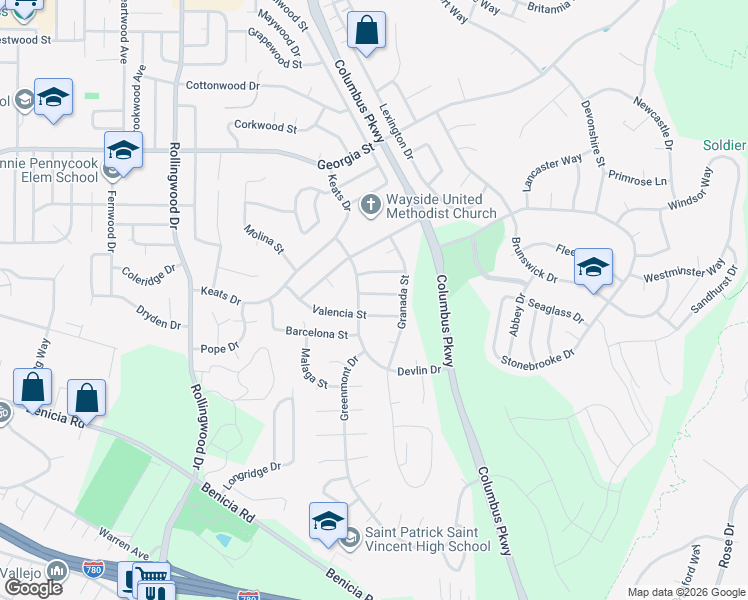 map of restaurants, bars, coffee shops, grocery stores, and more near 111 Castile Street in Vallejo