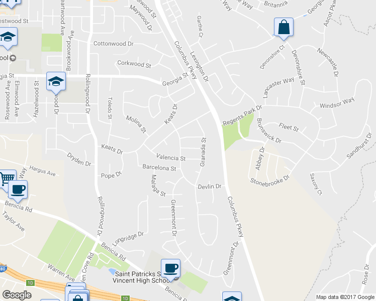 map of restaurants, bars, coffee shops, grocery stores, and more near 111 Castile Street in Vallejo