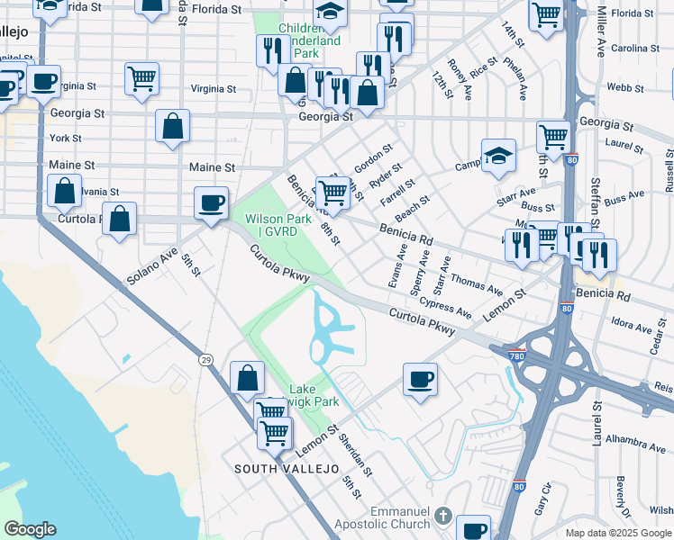 map of restaurants, bars, coffee shops, grocery stores, and more near 1007 Beach St in Vallejo