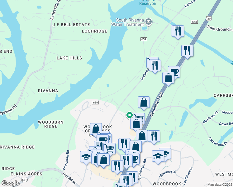 map of restaurants, bars, coffee shops, grocery stores, and more near 2253 Woodburn Road in Charlottesville