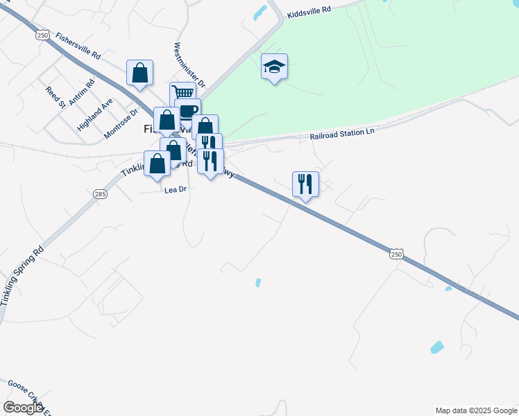 map of restaurants, bars, coffee shops, grocery stores, and more near 33 Celebrity Lane in Fishersville
