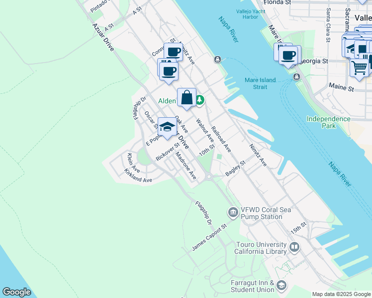 map of restaurants, bars, coffee shops, grocery stores, and more near in Vallejo