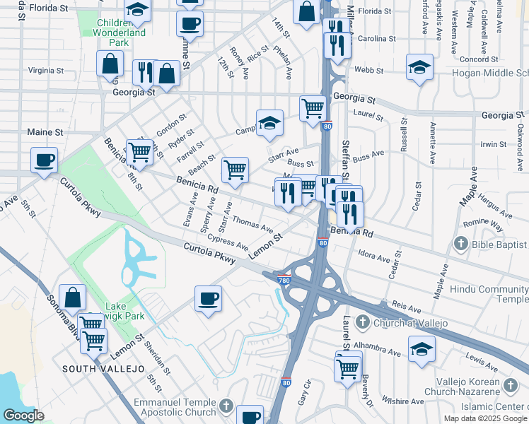 map of restaurants, bars, coffee shops, grocery stores, and more near 449 Benicia Road in Vallejo