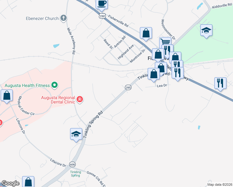 map of restaurants, bars, coffee shops, grocery stores, and more near 189 Tinkling Spring Road in Fishersville