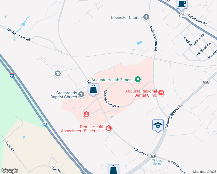 map of restaurants, bars, coffee shops, grocery stores, and more near 189 Medical Center Circle in Fishersville