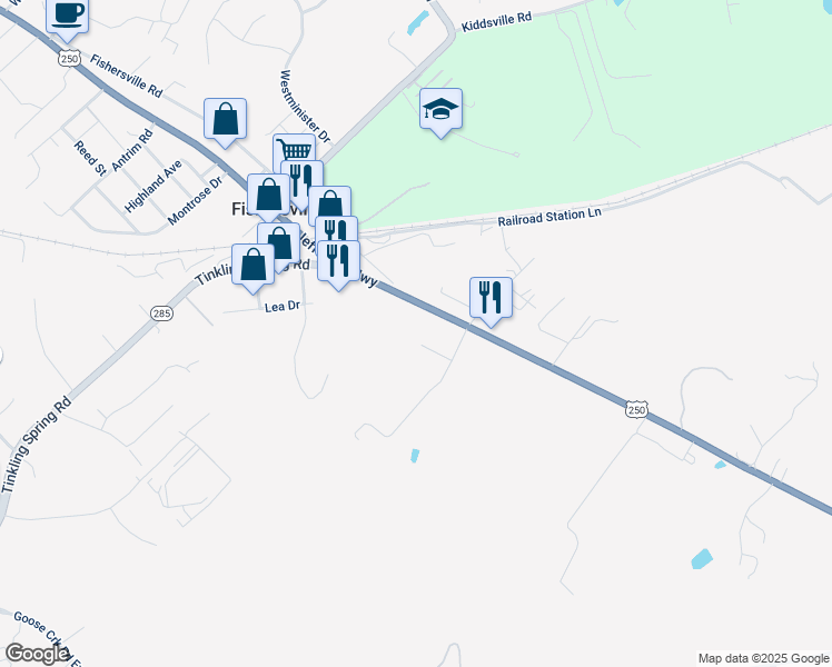 map of restaurants, bars, coffee shops, grocery stores, and more near 33 Celebrity Lane in Fishersville
