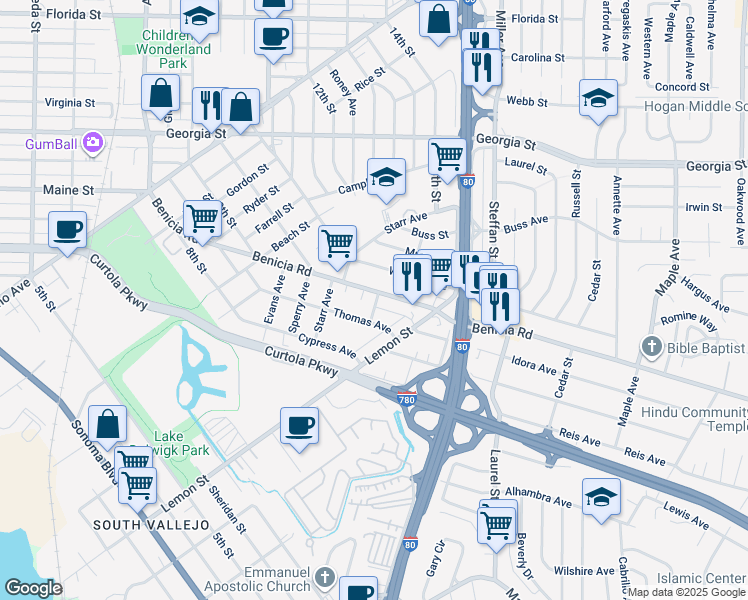 map of restaurants, bars, coffee shops, grocery stores, and more near 449 Benicia Road in Vallejo