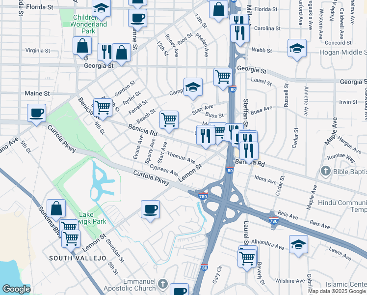 map of restaurants, bars, coffee shops, grocery stores, and more near 449 Benicia Road in Vallejo