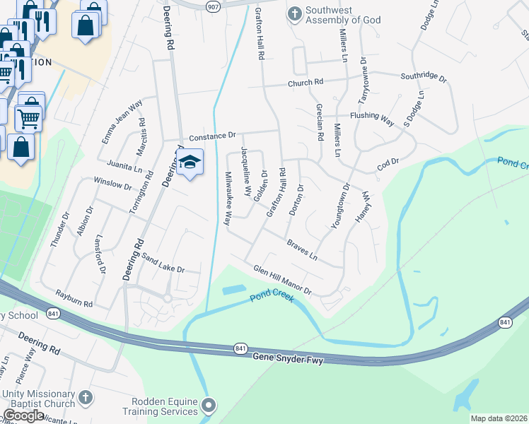 map of restaurants, bars, coffee shops, grocery stores, and more near 10900 Grafton Hall Road in Louisville