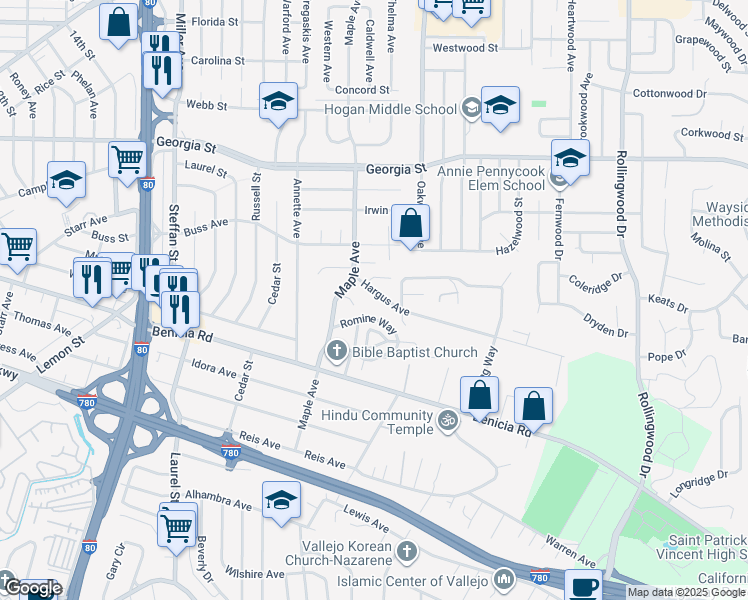 map of restaurants, bars, coffee shops, grocery stores, and more near 921 Hargus Avenue in Vallejo