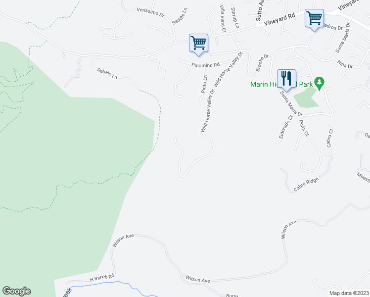 map of restaurants, bars, coffee shops, grocery stores, and more near 162 Wild Horse Valley Drive in Novato