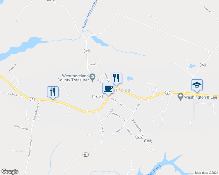 map of restaurants, bars, coffee shops, grocery stores, and more near 15803 Kings Highway in Montross