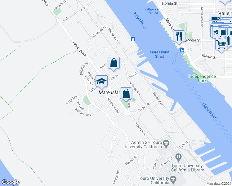 map of restaurants, bars, coffee shops, grocery stores, and more near 1122 Azuar Drive in Vallejo