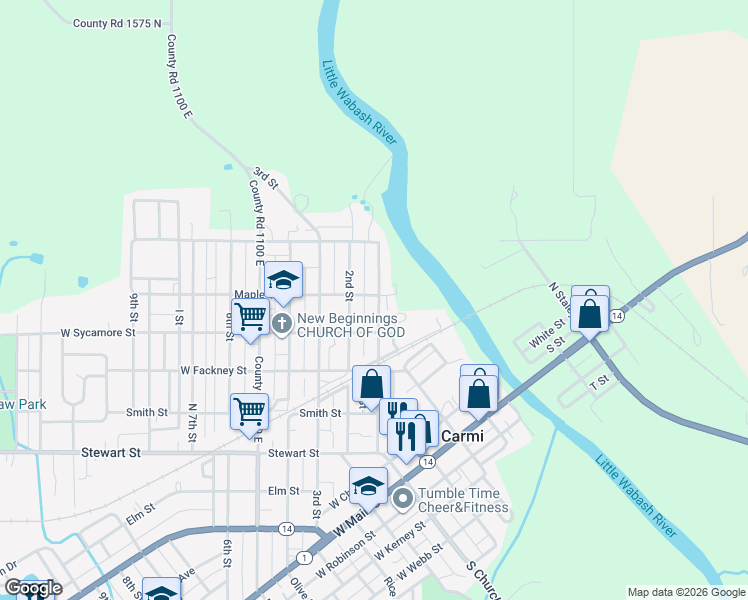 map of restaurants, bars, coffee shops, grocery stores, and more near 631 1st Street in Carmi