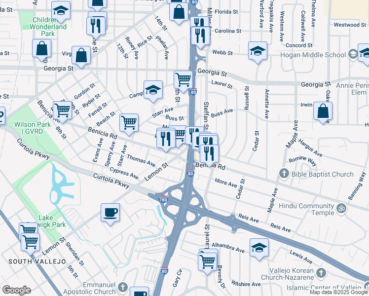 map of restaurants, bars, coffee shops, grocery stores, and more near 553 Wallace Avenue in Vallejo