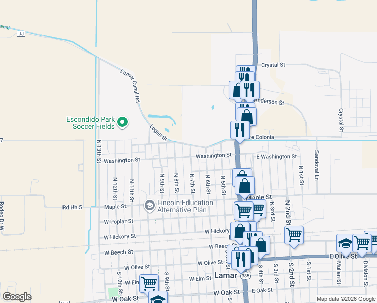 map of restaurants, bars, coffee shops, grocery stores, and more near 603 North 7th Street in Lamar