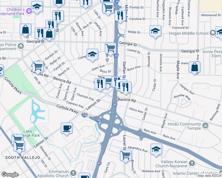 map of restaurants, bars, coffee shops, grocery stores, and more near 553 Wallace Avenue in Vallejo