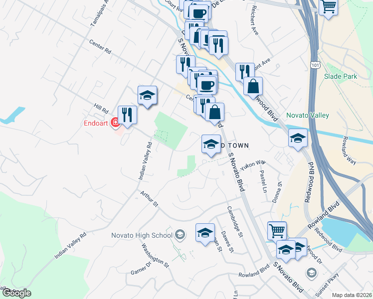 map of restaurants, bars, coffee shops, grocery stores, and more near 1522 Hill Road in Novato