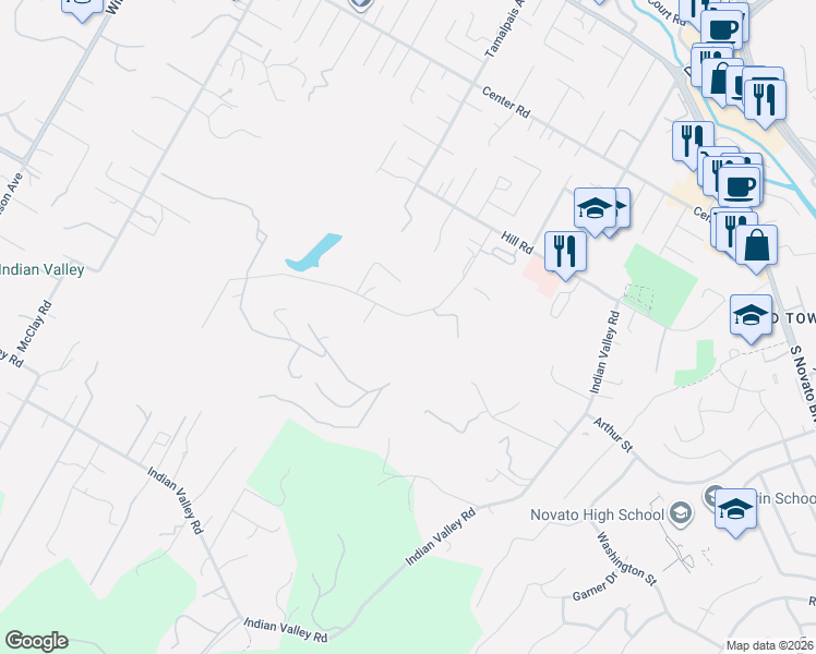 map of restaurants, bars, coffee shops, grocery stores, and more near 612 Canyon Road in Novato