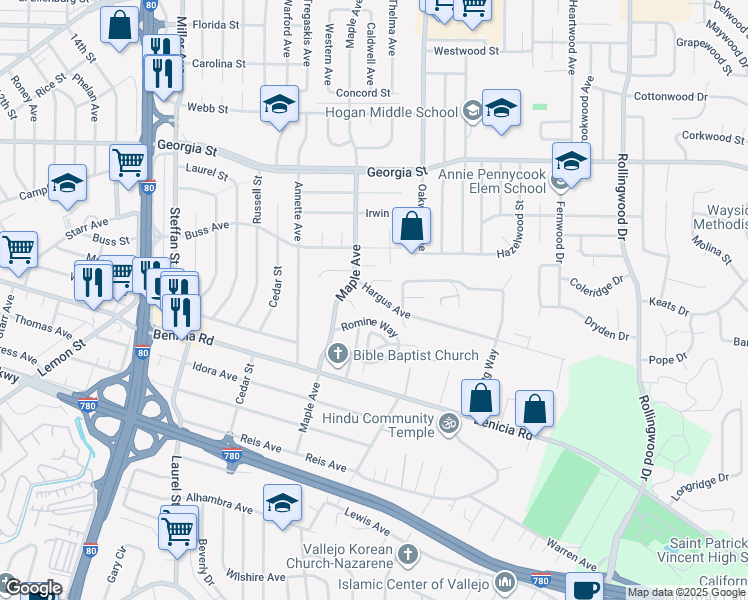 map of restaurants, bars, coffee shops, grocery stores, and more near 921 Hargus Avenue in Vallejo