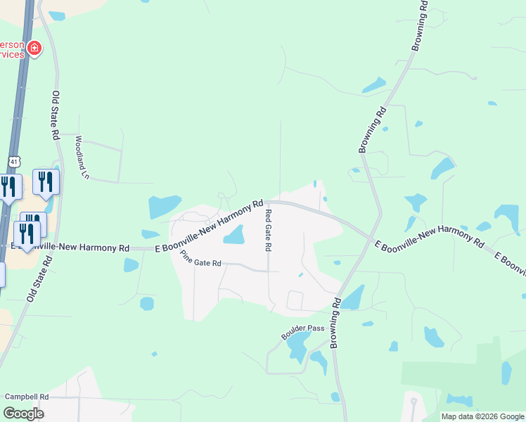 map of restaurants, bars, coffee shops, grocery stores, and more near 12900 Red Gate Road in Evansville