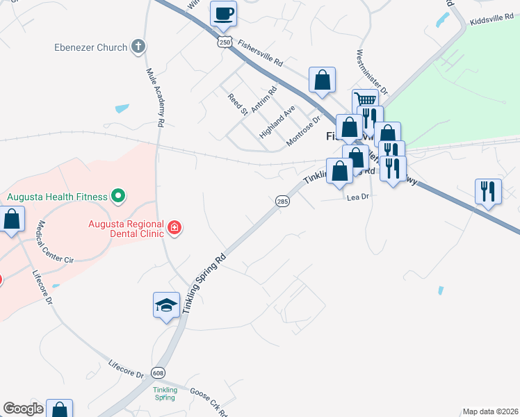 map of restaurants, bars, coffee shops, grocery stores, and more near 189 Tinkling Spring Road in Fishersville