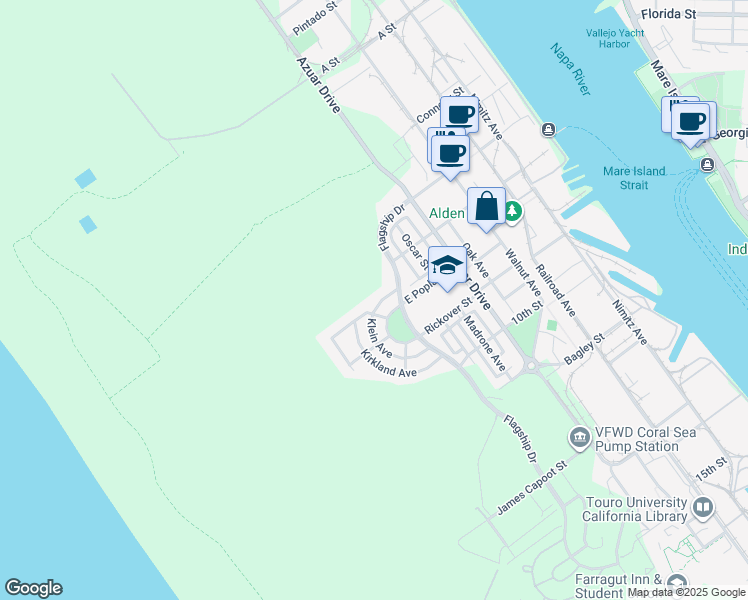 map of restaurants, bars, coffee shops, grocery stores, and more near 360 Klein Avenue in Vallejo