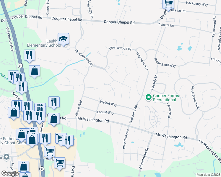map of restaurants, bars, coffee shops, grocery stores, and more near 10502 Parkerwood Place in Louisville