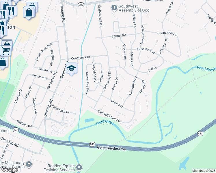map of restaurants, bars, coffee shops, grocery stores, and more near 10821 Grafton Hall Road in Louisville