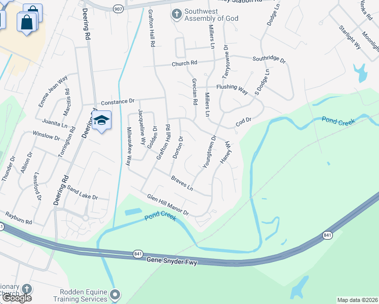 map of restaurants, bars, coffee shops, grocery stores, and more near 3128 Pine Trace Court in Louisville