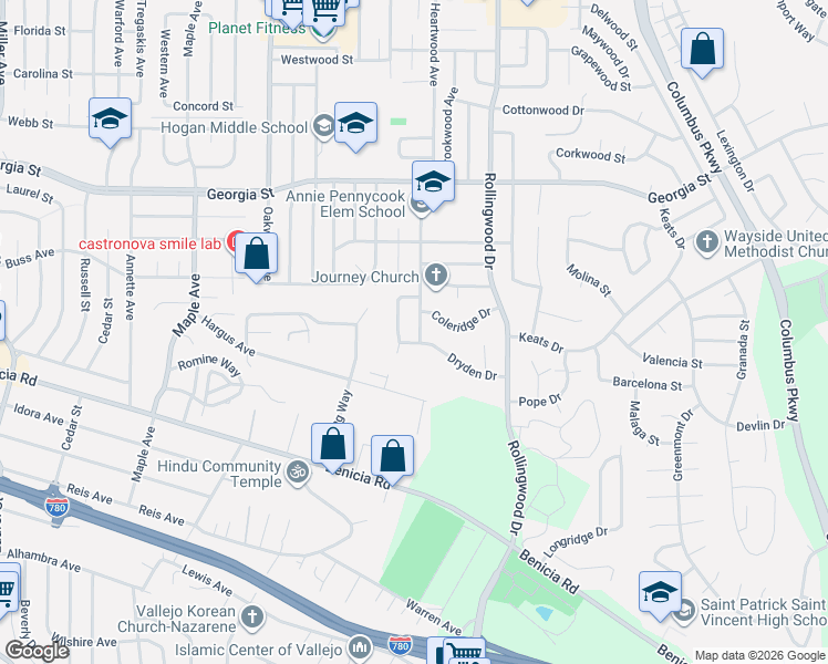 map of restaurants, bars, coffee shops, grocery stores, and more near 3307 Fernwood Drive in Vallejo