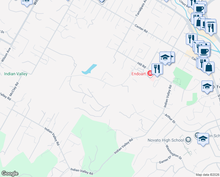 map of restaurants, bars, coffee shops, grocery stores, and more near 612 Canyon Road in Novato