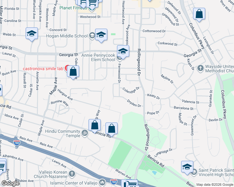 map of restaurants, bars, coffee shops, grocery stores, and more near 3307 Fernwood Drive in Vallejo
