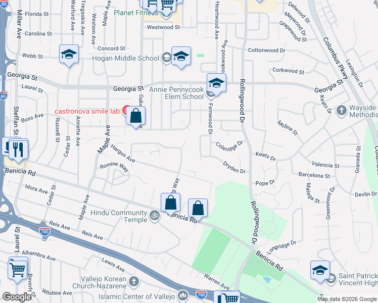 map of restaurants, bars, coffee shops, grocery stores, and more near 476 Banning Way in Vallejo