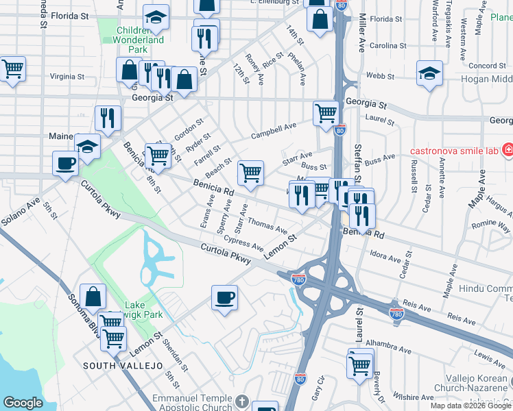 map of restaurants, bars, coffee shops, grocery stores, and more near 411 Benicia Road in Vallejo