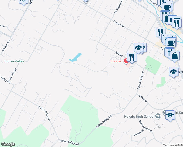 map of restaurants, bars, coffee shops, grocery stores, and more near 612 Canyon Road in Novato