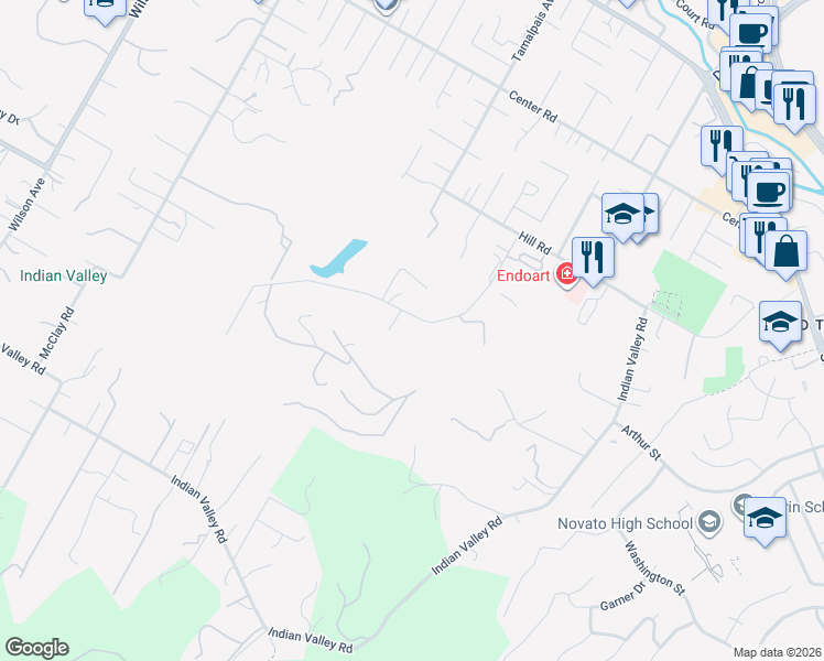 map of restaurants, bars, coffee shops, grocery stores, and more near 612 Canyon Road in Novato